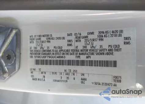 2016 Ford Escape S z USA, uszkodzony, nr VIN 1FMCU0F79GUC48963